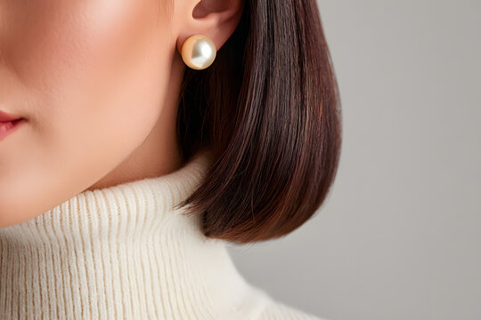 A person shows off a pearl earring while wearing a turtleneck in a simple indoor space during daylight