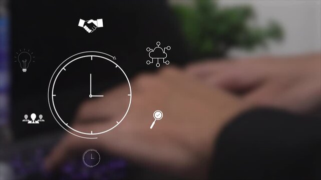 Business professional managing time, clock and workflow icons, time management, productivity planning, project management, task scheduling, efficiency tracking, modern business.