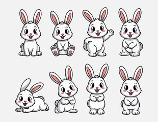 Eight adorable cartoon bunnies in various playful poses and positions