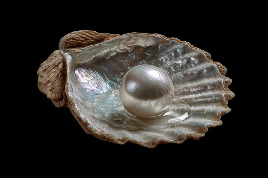 Oyster shell shows a round pearl resting inside, highlighted by dark background