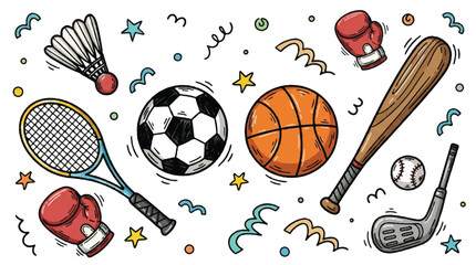 Colorful illustration of various sports equipment and balls in motion with confetti
