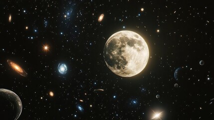 Enchanting Cosmic Scene Featuring Full Moon Among Distant Galaxies and Stars in a Starry Night Sky