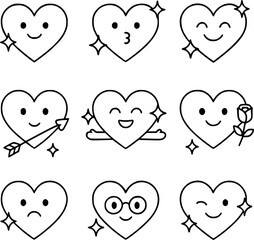 Nine heart sparkle outline icons with valentine expressions, suitable for decorative accents, apps, and romantic designs