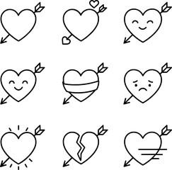 Nine heart with arrow outline icons with valentine expressions, suitable for love symbols, apps, and romantic illustrations.