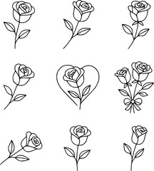 Nine rose flower outline icons with valentine poses, suitable for romantic designs, cards, apps, and love illustrations