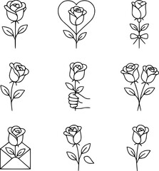 Nine rose flower outline icons with valentine poses, suitable for romantic designs, cards, apps, and love illustrations