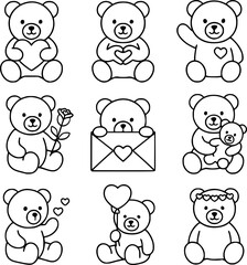 Nine teddy bear outline icons showing valentine poses, suitable for greeting cards, apps, stickers, and romantic illustrations