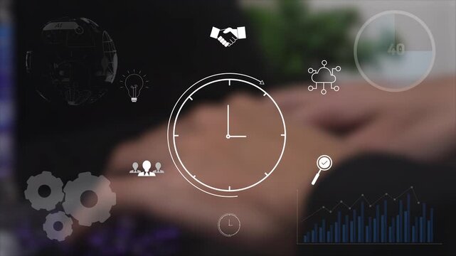 Business professional managing time, clock and workflow icons, time management, productivity planning, project management, task scheduling, efficiency tracking, modern business.