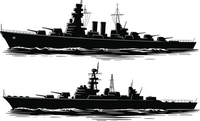 Military warship silhouette at sea, black and white naval destroyer illustration, vintage maritime warfare concept, ocean battle vessel