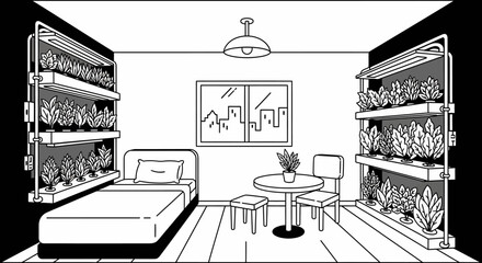 Black and White Illustration of Indoor Plants and Furniture.