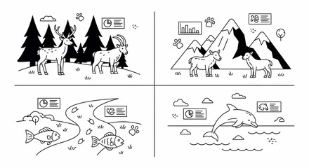 Black and White Animal Illustrations in Grid.