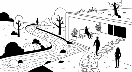 Black and White Illustration of People Walking.