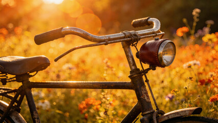 Naklejka premium Vintage bicycle handlebar with leather bell in closeup view during golden hour sunlight, parked in a summer meadow with warm glow and bokeh wildflowers background. 