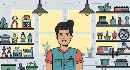 Cartoon Man Standing in Workshop Office.