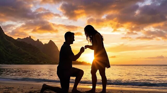 Romantic proposal at sunset on a tropical beach as a man kneels to ask for marriage and the couple shares a kiss for propose day