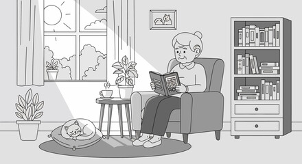 Elderly Woman Reading Book in Armchair.