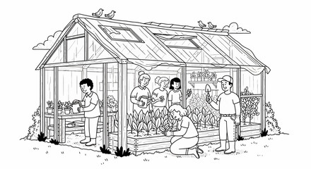 Family Working Together in Greenhouse Garden.