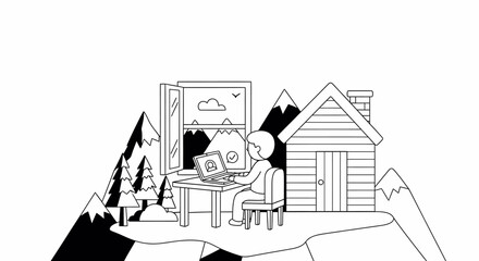 Illustration of a house and mountains landscape.