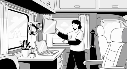 Woman Working on Laptop in Motorhome.