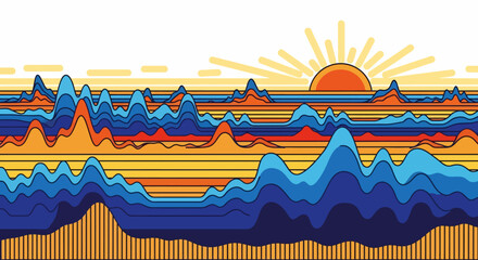 Vibrant Graphic Illustration of Mountains and Sun.