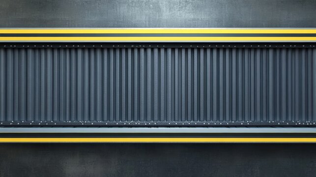 Close up conveyor belt with yellow edges, corrugated metal slats, lowkey lighting, oil stains and grime, heavyduty rollers, packaging context, tactile surface highlighting wear and texture