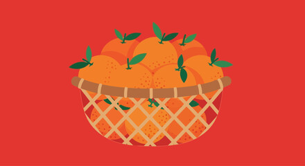 Fototapeta premium A full basket of fresh oranges with green leaves.