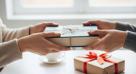 Two people exchanging gifts hands holding wrapped presents with ribbons on a white table with a cup of coffee