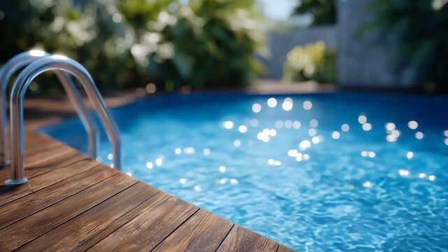 31Calm poolside atmosphere, stainless steel ladder gleaming against vibrant aqua water, sunlit wood deck with visible grain patterns, relaxing vacation and wellness concept