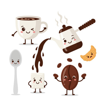Cute Coffee Break Characters: Cup, Coffee Bean, Croissant, Sugar Cube, Spoon