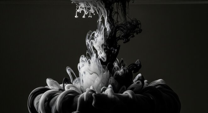 Captivating monochrome ink immersion, a stunning visual of black and white liquid colliding and blossoming into organic, swirling abstract forms
