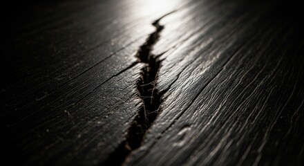 A striking close-up of a prominent, jagged crack deeply etched into a dark, textured wooden surface, illuminated by a stark, focused light, symbolizing damage, age, or a profound division
