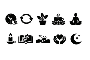 Relaxation and wellness solid icon set. Meditation, nature, and mindfulness symbols