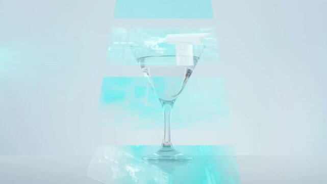Animation of data processing over drink with olives on white background