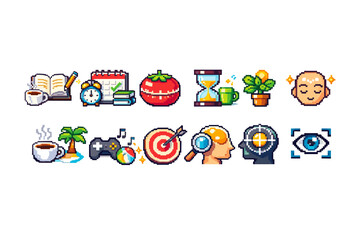 Obraz premium Pixel art productivity icon set. Task, timer, focus, gaming icons pixel collection