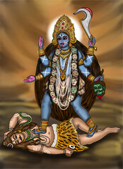 hand drawn digital art of Goddess Kali is seated on Shiva's chest and holds the head of Raktabeej 