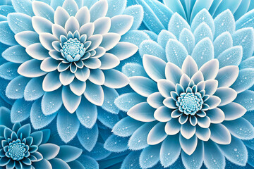 Obraz premium Abstract icy blue flowers with frosted petals and soft gradients, winter floral background illustration, elegant symmetry and calm atmosphere.
