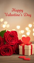 Romantic valentine's day greeting with red roses gift box and heart decorations on wooden table with bokeh lights