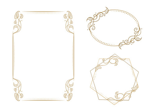 Botanical decorative frames set. Hand-drawn oval and geometric borders for invitation and label design