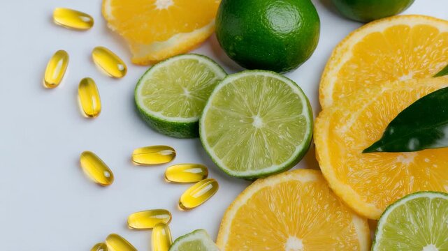 58Bright wellness flat lay, scattered vitamin C tablets surrounded by citrus fruits in various cuts, pure white background, soft daylight look, health and immunity support theme