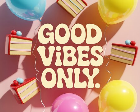 Vibrant Good Vibes Only celebration with colorful balloons and cake