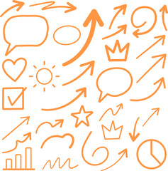 Hand drawn orange arrows and icons set showing growth, communication, success, and business ideas