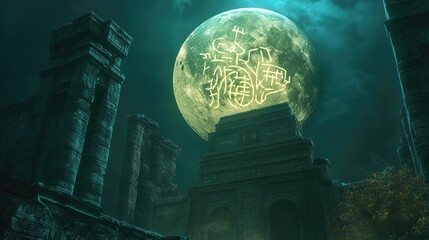 Mysterious Ancient Ruins Under a Glowing Full Moon with Intricate Symbols Illuminating the Night Sky