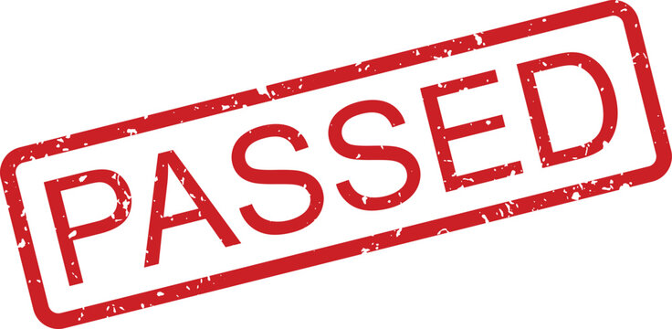 Red passed textured rubber stamp impression with a rectangular border on white signifying approval