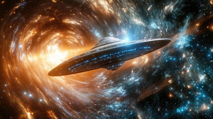 Futuristic spacecraft soaring through a vibrant nebula in deep space with swirling galaxies and bright stars illuminated in cosmic colors