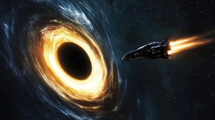 Space Exploration Journey Through a Vivid Black Hole with a Futuristic Spaceship and Cosmic Background in Dark Universe