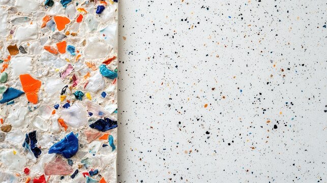 Bold terrazzo chips against speckled background, material study for countertop manufacturer, vibrant shards embedded in recycled composite, tactile finish, high detail resolution for product catalog