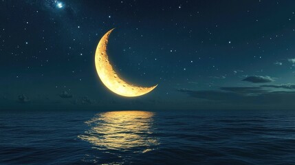 Majestic Crescent Moon Illuminating Calm Ocean Waters Under Starry Night Sky