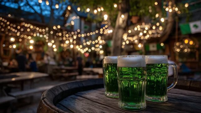 227Inviting pub scene, three green frothy beers on rustic wooden barrel, Irish-themed decor in background, warm cozy lighting reflecting off glass surfaces, soft-focus revelers celebr