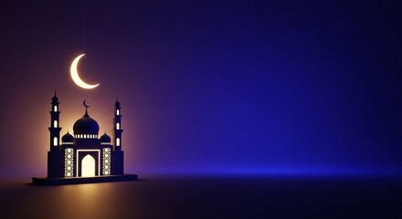 Fototapeta premium Islamic Mosque Silhouette with Crescent Moon Night Scene.