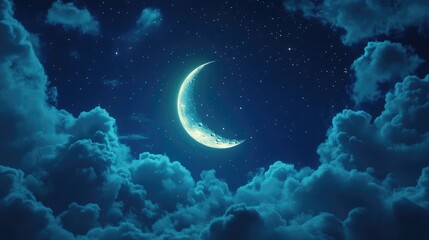 Serene Night Sky with a Crescent Moon Surrounded by Clouds and Stars in a Tranquil Atmosphere